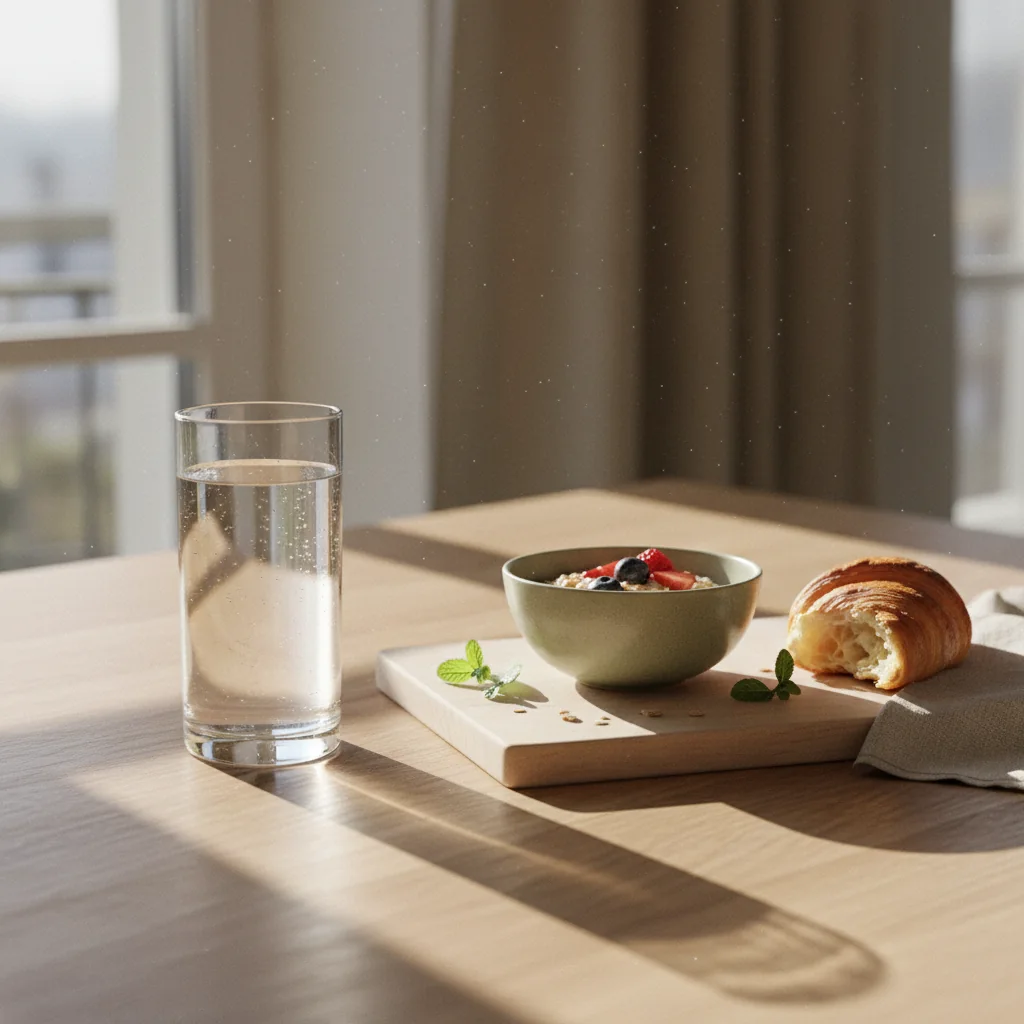 Een glas water en een houten ontbijtbord op een lichte keukentafel in de ochtendzon